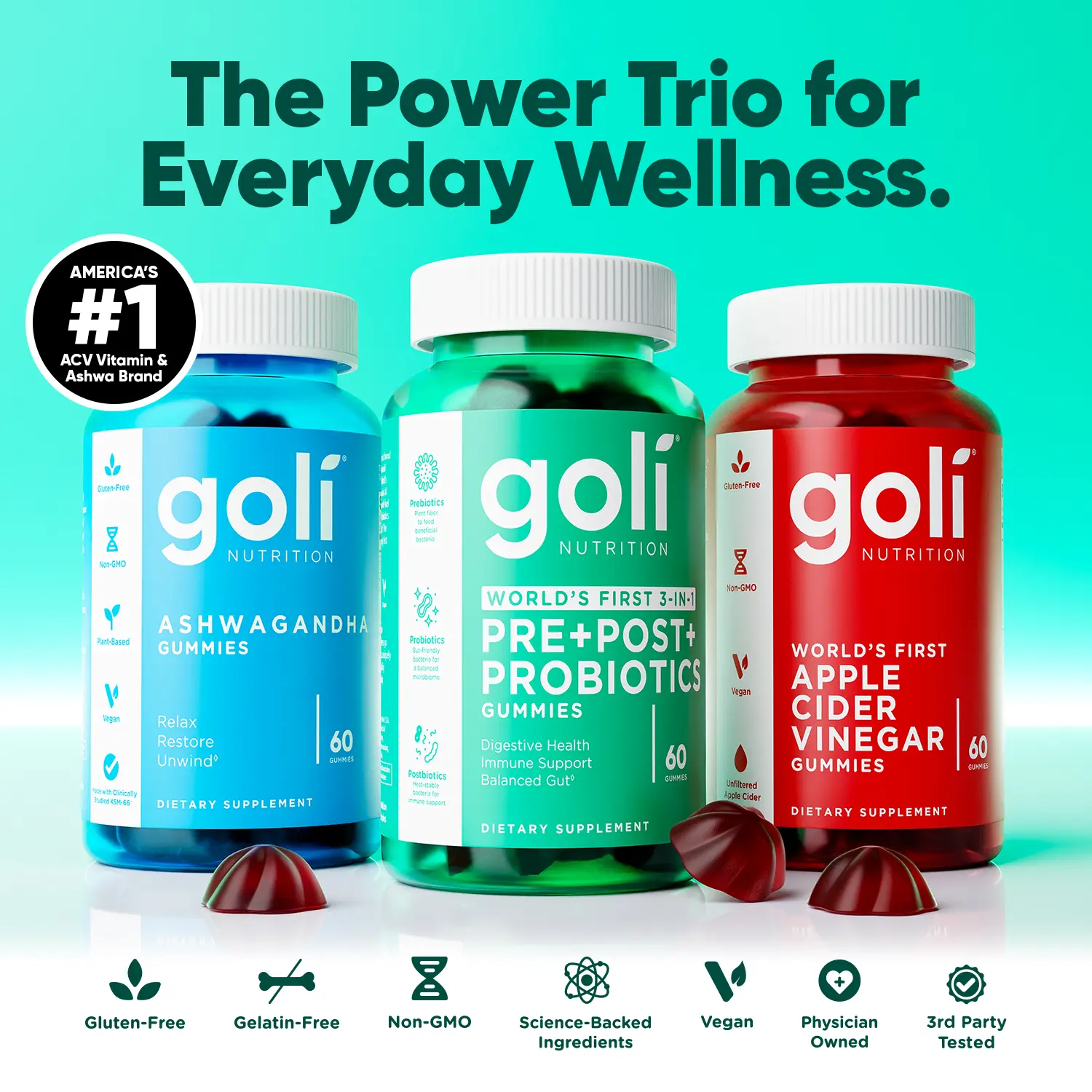 Power Wellness Trio for Stress, Gut & Immune - World's First 3-in-1 Pre, Post, Probiotic, Apple Cider Vinegar & Vitamin B12, Ashwagandha & Vitamin D Gummies. Gluten-Free, Vegan, Non-GMO & Gelatin-Free
