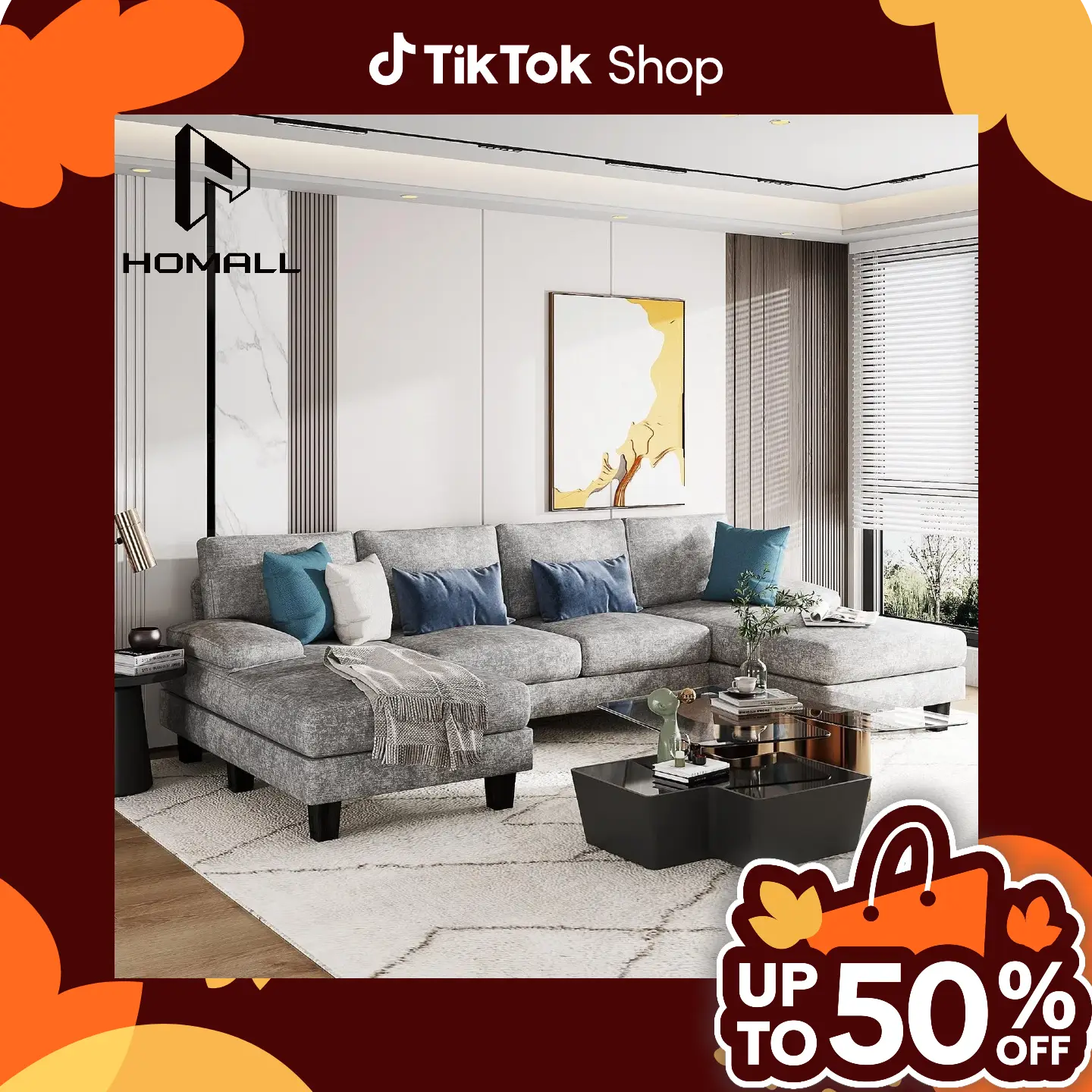 【3 Packages Shipping】Homall Modern U-Shape Sectional Sofa, Chenille Fabric Modular Couch, 4 Seat Oversized Sofa with Chaise for Living Room