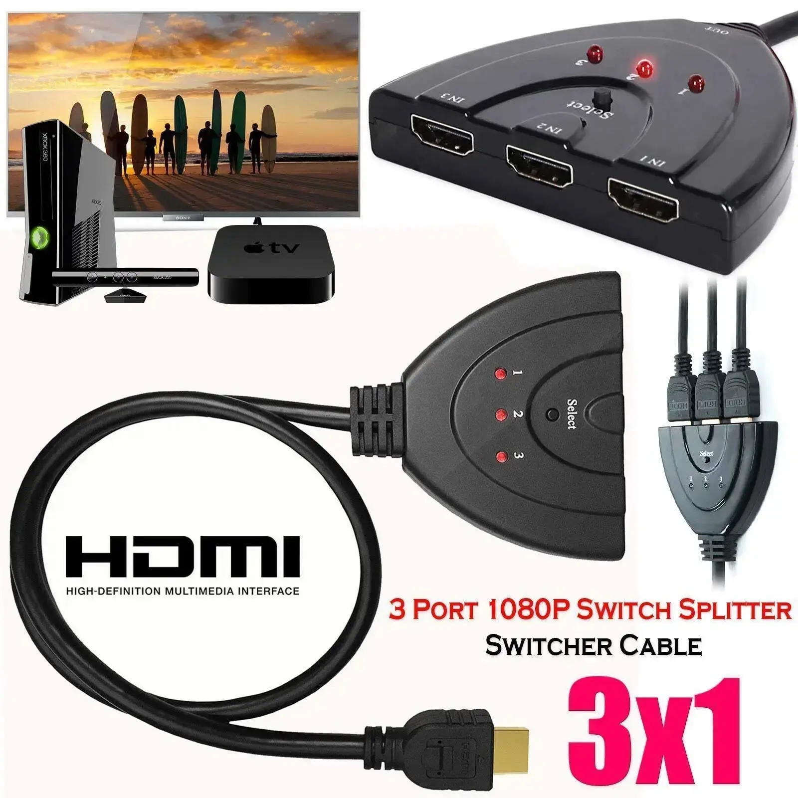 3 Port HDMI Splitter Switch, HDMI Switcher Hub 3 in 1 Out, 1080P Full HD HDMI Selector Adapter for HDTV, TV, Monitor, Projector, PS4, PS5, Xbox, Blu-ray Player, PC & Laptop, High Speed Digital Video Audio Switch Box