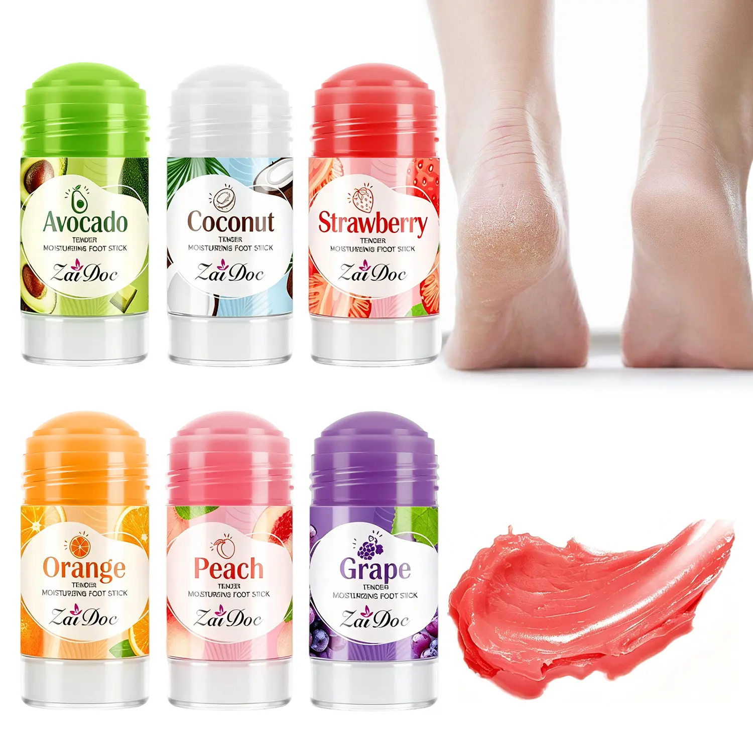 ZaiDoc 6-Fruit Flavor Tender Moisturizing Foot Stick Set - Strawberry & More, Hydrates Dry Feet, Leaves Skin Soft & Smooth, 30Ml