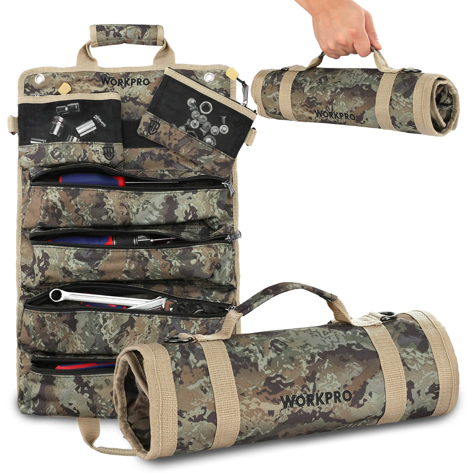 #BacktoSchool WORKPRO Roll Tool Bag with Detachable Pouches, Heavy Duty Organizer - 6 Pockets, for Mechanics, Electricians, Plumbers & Carpenters