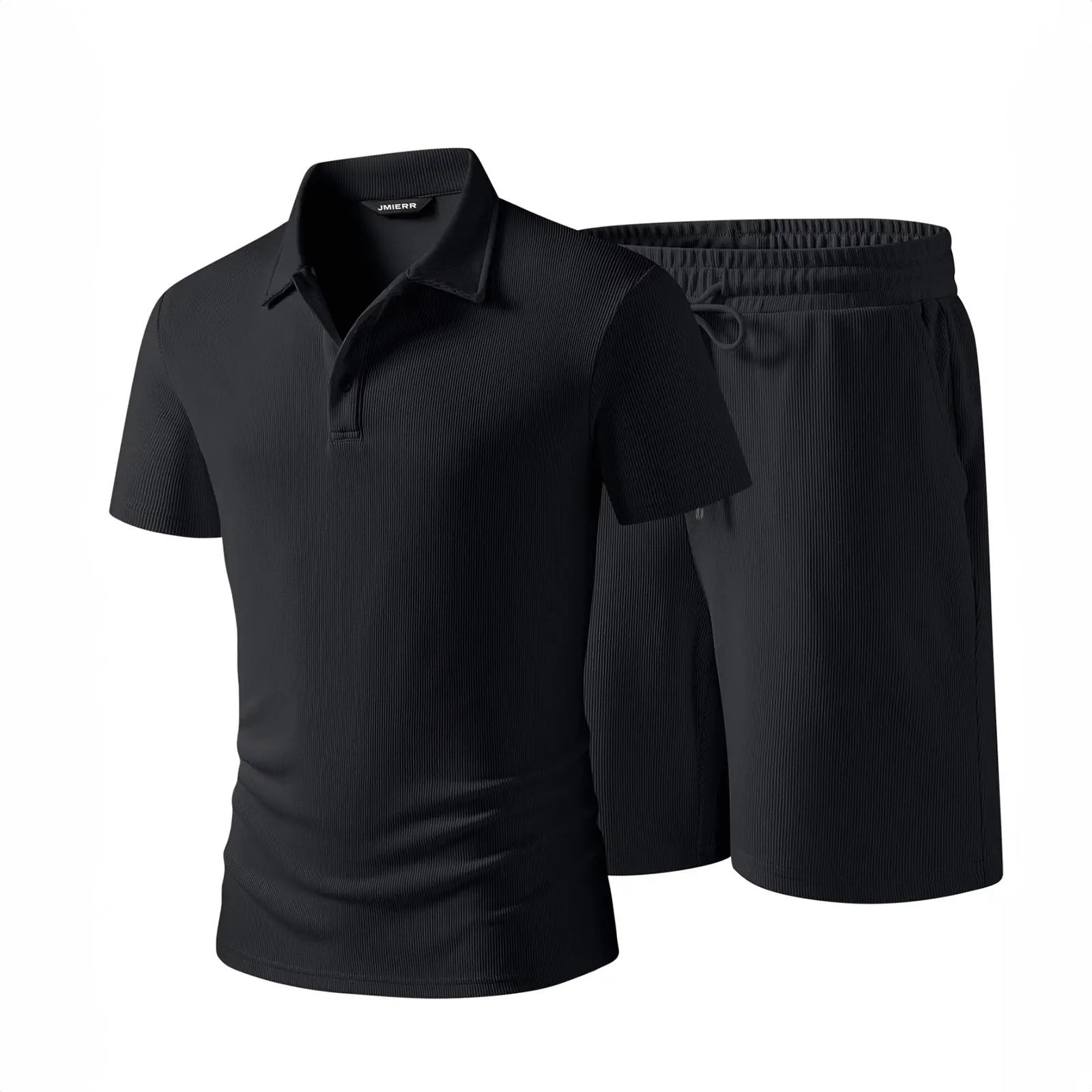 JMIERR Men's Casual 2 Pieces Summer Outfits Knit Textured Short Sleeve Polo Shirt And Shorts Vacation Beach Set for Men