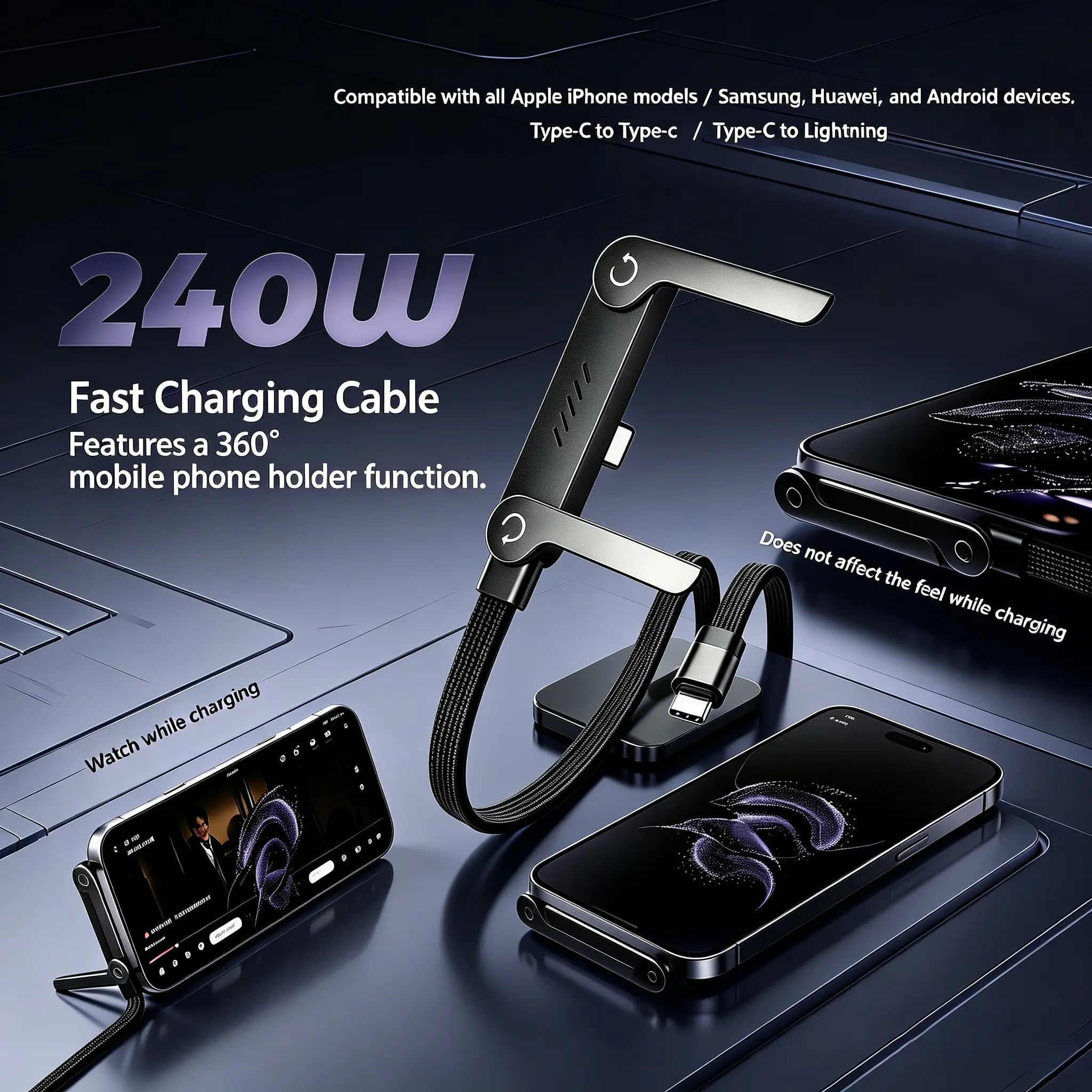 240W Power 2-in-1 Portable Mobile Charger Plug - 1.5m Anti-Tangle Metal+Woven Cable, Concealed Desktop Stand, Dual Connector Interfaces, Charging Compatible with Smartphones & Electronic Devices, Ideal for Travelers