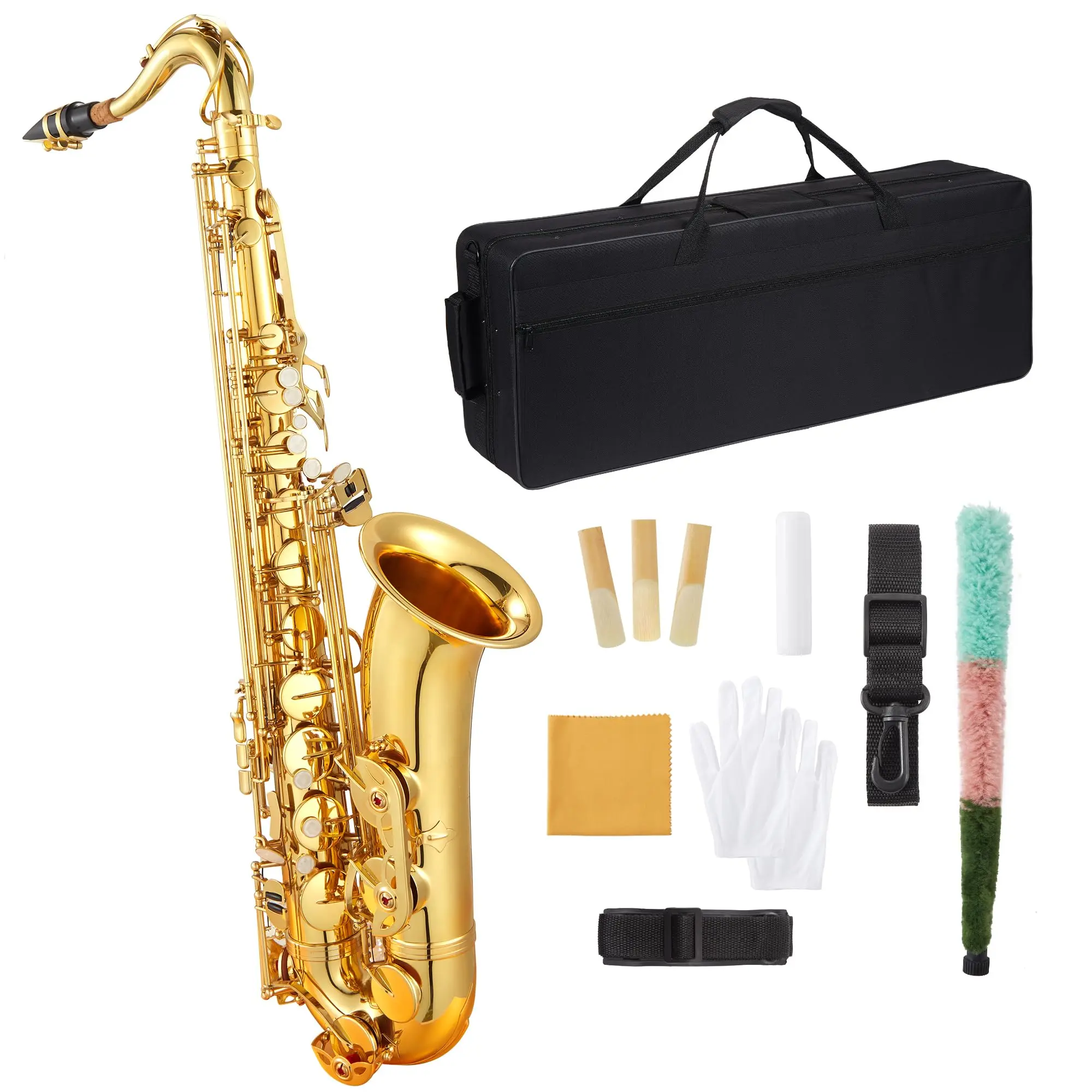 Brass Bb alto Saxophone Set with Case-Includes Cork Grease,Cloth, Shoulder & Leather Strap,Brush,Gloves & Reed-Perfect for Beginners & Performances