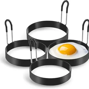 Stainless Steel Egg Ring, 4counts/set Round Egg Ring for Frying with Silicone Handle, Egg Ring for Griddle Breakfast Cooking, Fried Burger Patty Ring Nonstick Mold, Summer for Gift