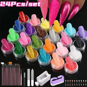24colors Fine Glitter Craft Glitter Powder Chrome Nail Powder Kit sets With 15Nail Art Pens 10Sponge brush 2Nail File Nano Glass 1Pad Nail Powder Recycling Box 1Cleaning Brushes Nail brush for Nail Art Decoration