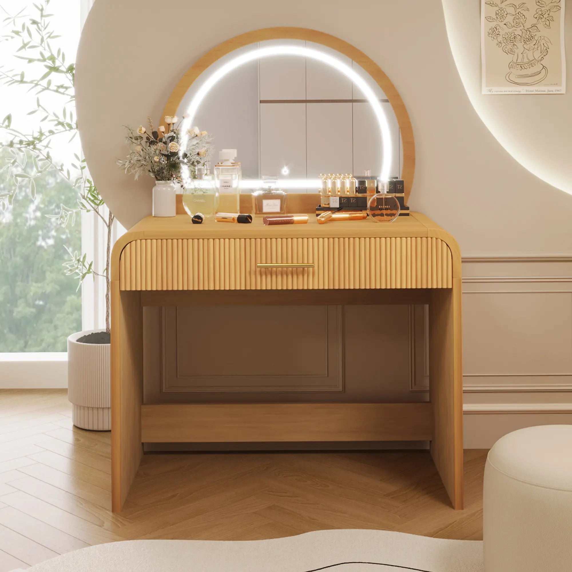 Bellemave 39-in Modern Backlit LED-Lit Makeup Vanity Table - High-Brightness Freestanding Glow Light Vanity with Touchscreen Full-Length Mirror, Storage Drawer, Wavy Edge, Stable Base, Easy Setup Indoor Bedroom Furniture (Large/Compact/Flat-Top), High-Bri