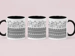 Floral Pattern Design Coffee Mug" Aesthetic Ceramic Mug with Black & White Floral Art - Reusable, Microwave & Dishwasher Safe