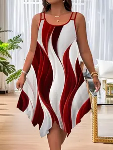 Plus Size All Over Print Asymmetrical Hem Cami Dress, Casual Sleeveless Double Spaghetti Strap Dress for Summer, Boho Fashion Sundress for Daily Wear, Womenswear