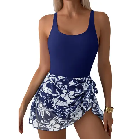Aleumdr Women's Tummy Control 1-Piece Swimdress Swimsuit - Mesh Skirt, Tie-Knot Design, UPF 50+ UV Protection - for Beach, Summer Vacation - Casual Chic Curve-Flattering Swimwear