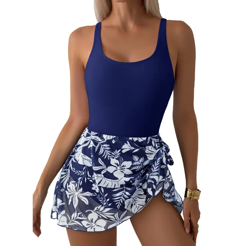 Aleumdr Women's Tummy Control 1-Piece Swimdress Swimsuit - Mesh Skirt, Tie-Knot Design, UPF 50+ UV Protection - for Beach, Summer Vacation - Casual Chic Curve-Flattering Swimwear