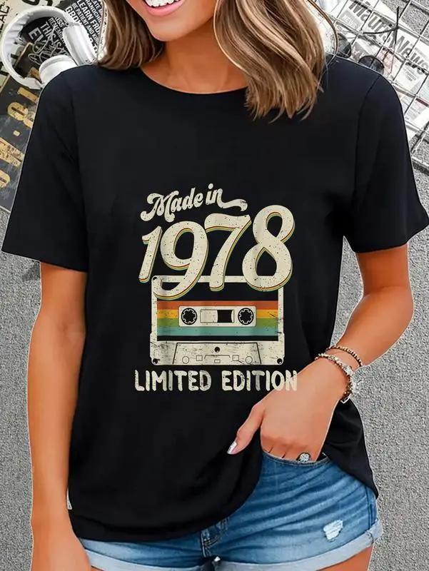 Unisex 100% Cotton Round Neck T-Shirt, 1978 Made Limited Edition 43rd Birthday Vintage Cassette Prints, Everyday Fit Casual Graphic Tee