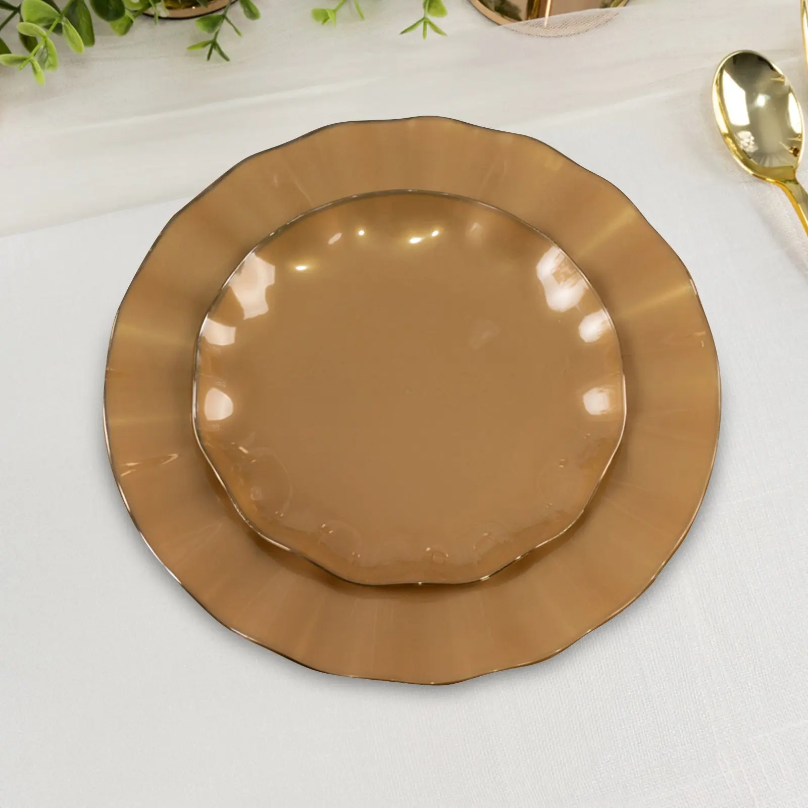 10-Pack Durable Plastic 6" Round Plates - Gold Ruffled Rim, Heavy-Duty Disposable Dinnerware for Salad, Upscale Buffets, Wedding Events