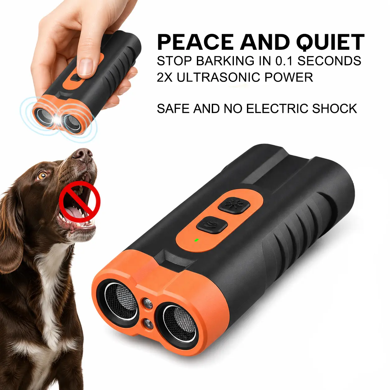 Handheld Ultrasonic Bark Deterrent - USB-Rechargeable Dog Training Tool for Walkers & Trainers, Dual Emitters, 50ft Range, 25KHz Sound Interruption, Flashlight, Portable Grip, Indoor & Outdoor Behavior Control Kit
