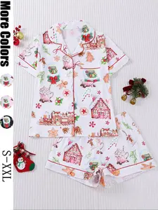 【Christmas Pyjamas】Women's Set, Watercolor Gingerbread Print, Short Sleeve Button Front Top & Elastic Shorts, Casual Home Wear, Loungewear