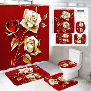 1/4pcs Romantic Red Floral Bathroom Set - Large White Roses with Golden Leaves & Red Buds, Shower Curtain + 2 Bath Mats + Toilet Lid Cover - Perfect for Valentine's Day, Mother's Day, Home Decor, Bathroom Decoration Accessories, Bathroom Accents