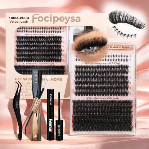 Focipeysa Velvet Volume Lash Clusters Kit | 100D+200D 0.07mm D-Curl Dramatic False Eyelashes | 12-18mm Ultra-Dense Waterproof Set with Bottom Lashes | Beginner-friendly Individual Lahesfor DIY Home Use