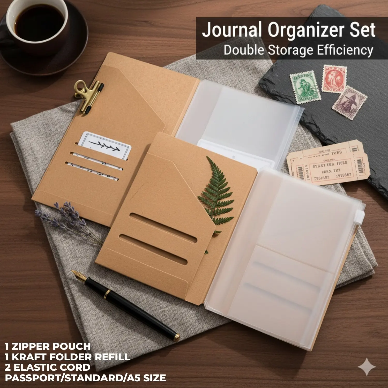 Aesthetic Journaling Inserts Notebook Accessories (Kraft Paper Folder-Zipper Pouch-elastic cord) For Travelers Notebook Scrapbooking Essentials Paper Organizers