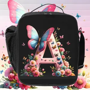 "Floral Butterfly 'A' Insulated Lunch Bag – Perfect for School Days and Women's Work Lunches, Keeping Meals Fresh in Style"