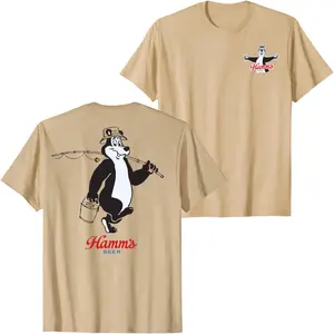Hamm's Beer Bear Fishing Graphic T-Shirt, Vintage Brewery Mascot Back Print Tee, Retro Unisex Streetwear Summer Shirt with Small Front Logo for Beer Lovers
