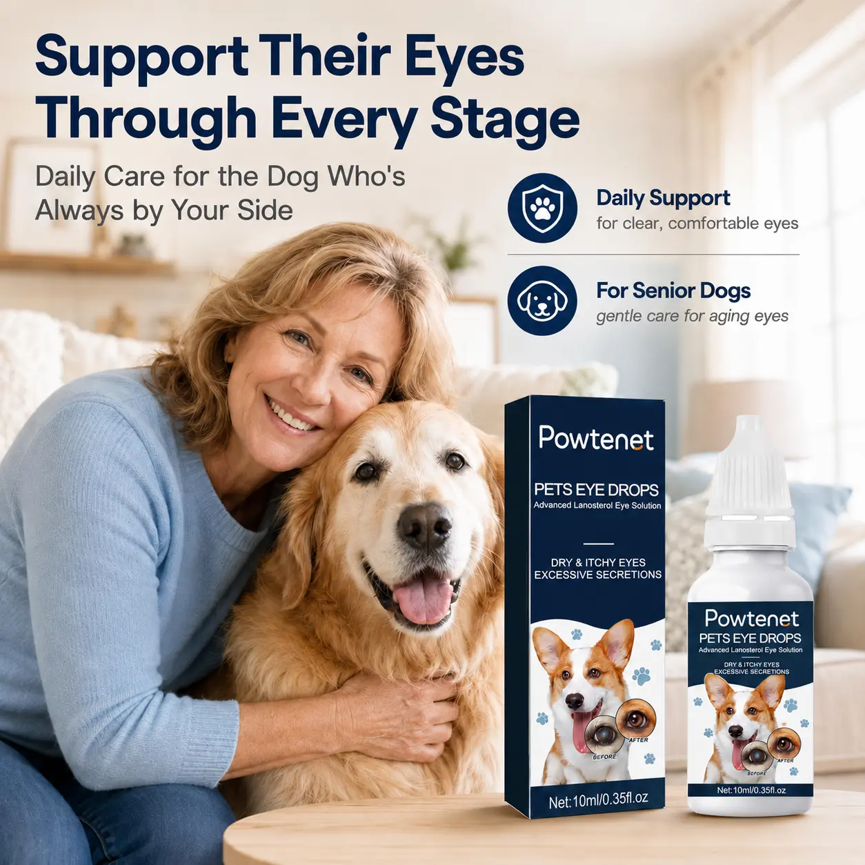 Powtenet Pet eye drops containing lanosterol to relieve and prevent cloudy, dry, itchy, and excessively secreting eyes. 10 ml for daily eye care. Suitable for all dog breeds.