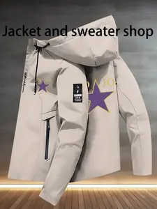 Men's Jojo Theme Full Print Hooded Pilot Jacket, Zipper Motorcycle Riding Coat, Non-Elastic Polyester Anime Jacket for Spring & Fall