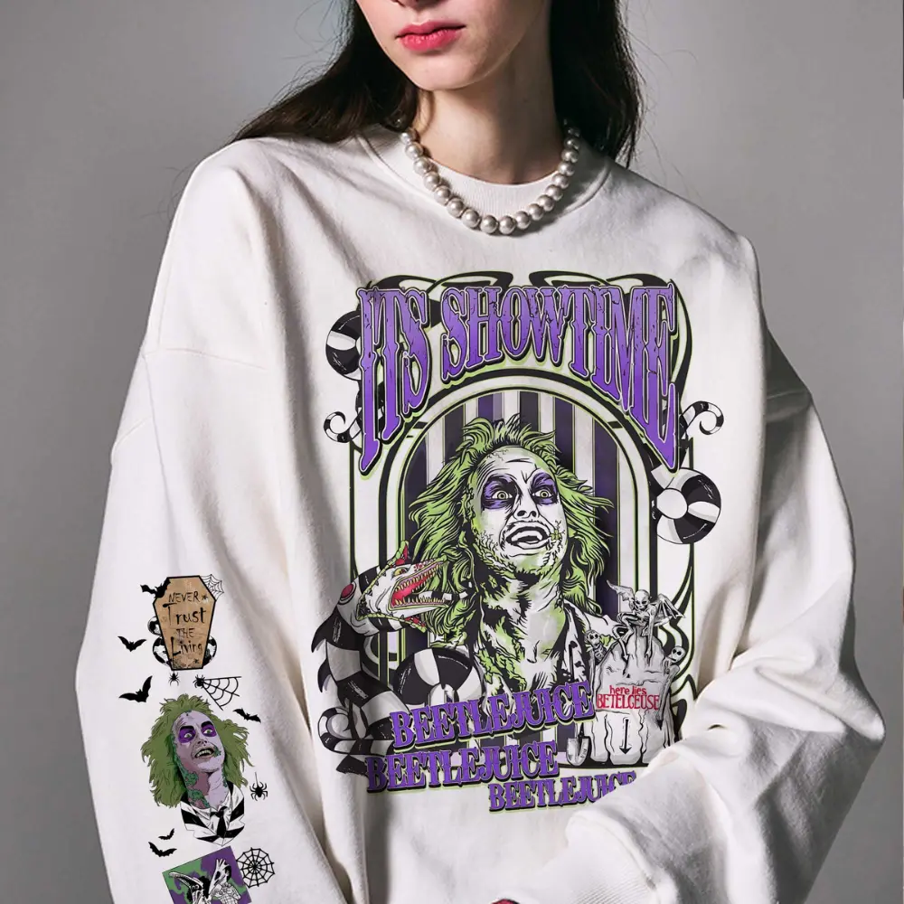 It’s Showtime Beetlejuice Halloween TShirt/Sweatshirt/Hoodie, Spooky Movie Quote Design, Funny Horror Costume Outfit, Creepy Retro Style, Ghostly Party Apparel, Scary Movie-Inspired Gift, Best Gift Idea