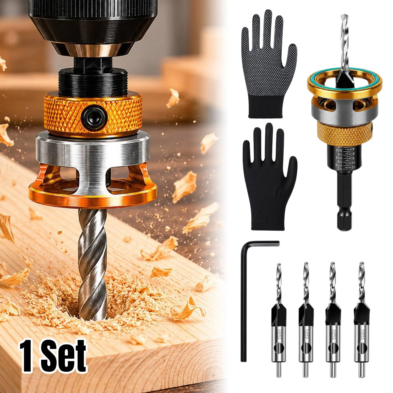 Countersink Drill Bit Set with Depth Stop 4PCS, HCS Four Blades Wood Countersink Bits with Adjustable Depth Stop, L Shape Wrench and S2 PH2 Screwdriver Bit for Wood, Plastic, Woodworking