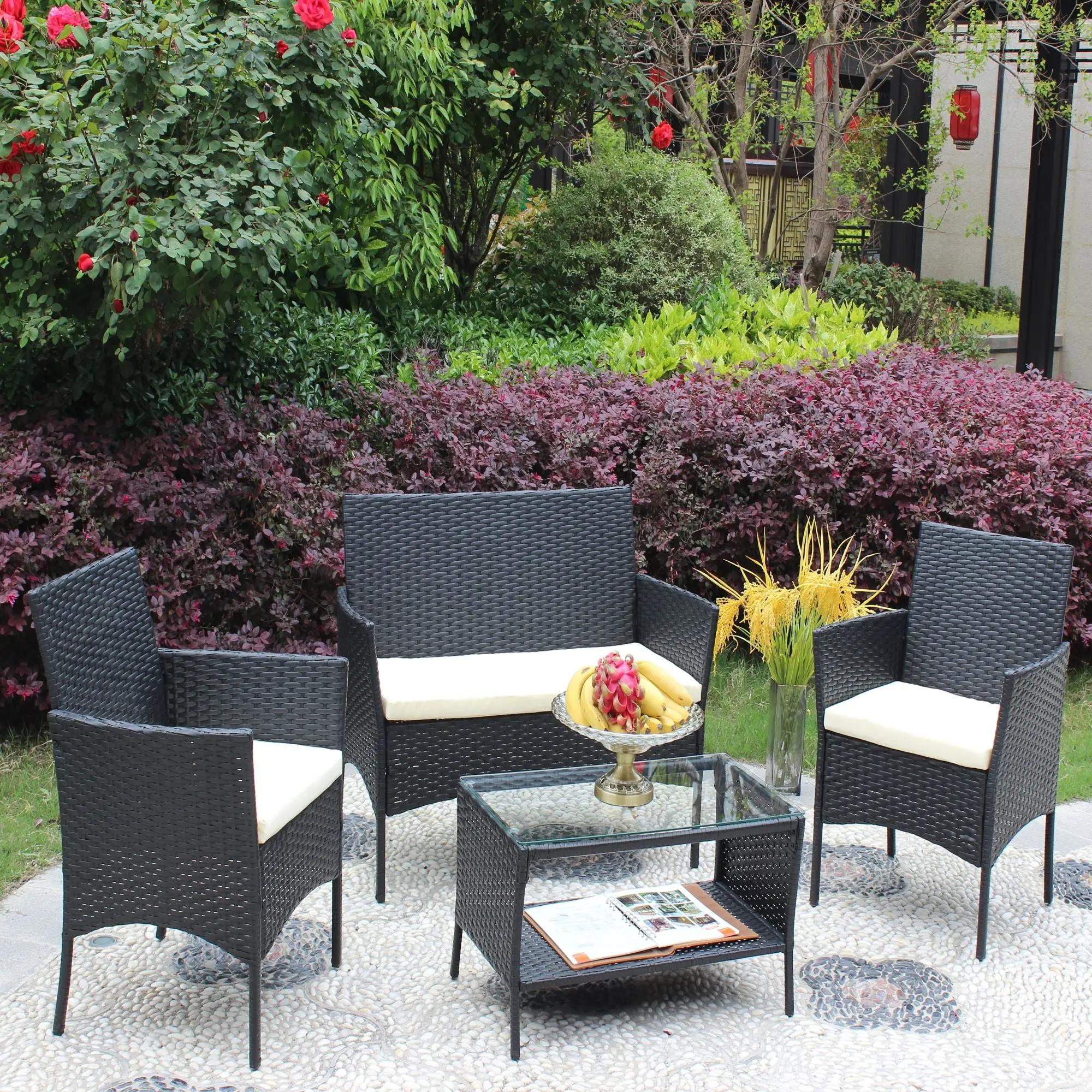 4-Piece Rattan Outdoor Patio Furniture Set, Cushioned Wicker Sofa with 4 Seats, Four Seats