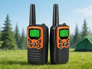Long-range two-way radio set with 22 channels, featuring an LED flashlight, voice activation and digital screen. Suitable for outdoor activities, offered in a two-piece orange set.