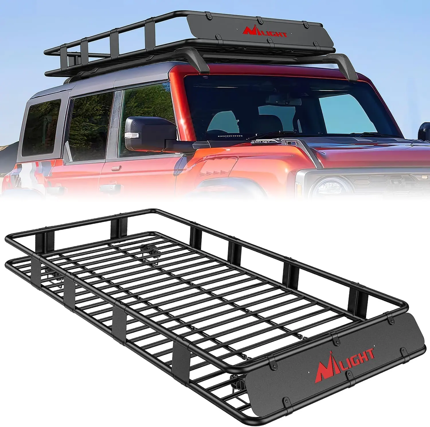 Nilight Universal Heavy-Duty Metal-Plastic Roof Rack Cargo Basket - 84in x 39in x 6in, 250lbs Capacity Automotive Hauler with Crossbars, Wind Fairing, Curved Corners, Universal Fit Mounting Bracket for SUV, Truck, Car Accessory