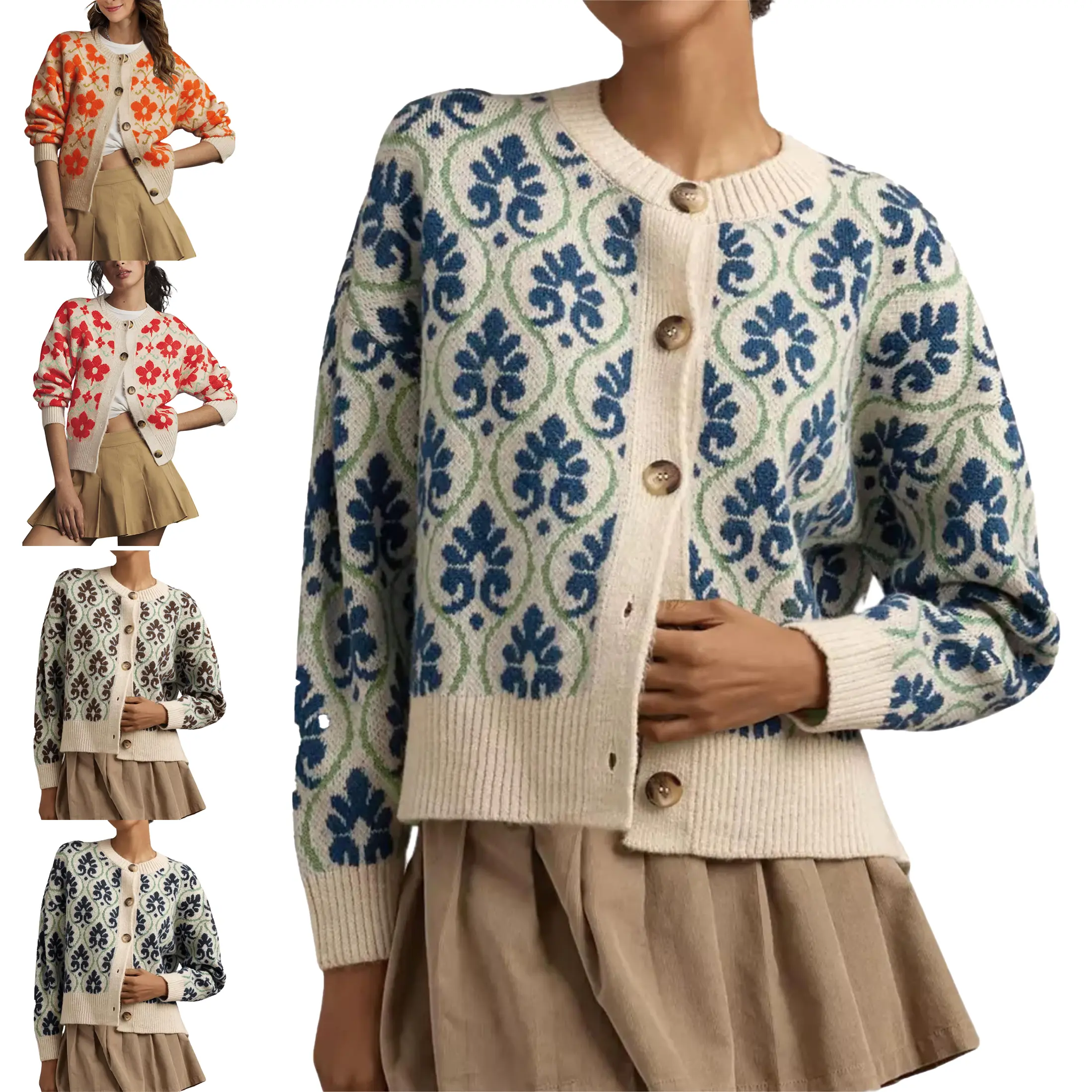 Buenoble Vintage Damask Floral Printed Cardigan Sweater for Women, Round Neck Button Down Long Sleeve Knit Open Front Retro Pattern Knit Outerwear Fall Casual Sweater Coat