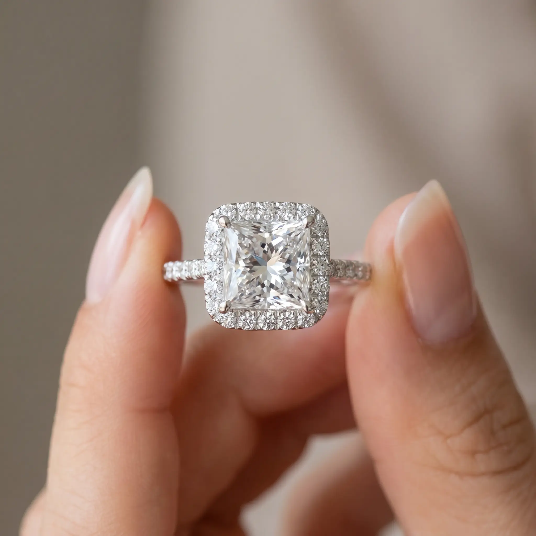 Certified 3.80Ct Princess Cut Halo Diamond Engagement Ring 14k White Gold