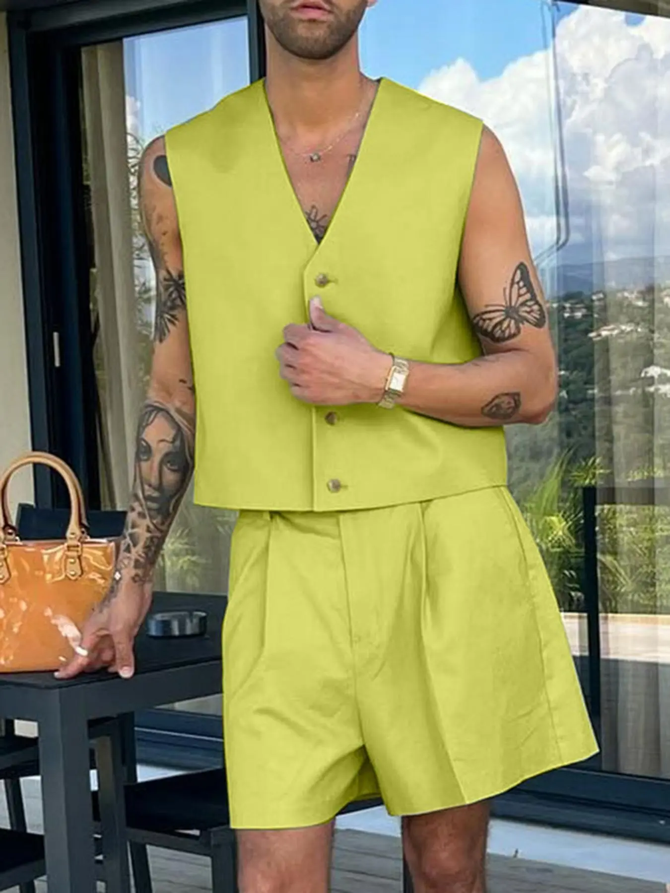 Two-piece Sets Men's Fashion Solid Buttons V Neck Tops & Shorts 2PCS Sets, Casual Sleeveless Crop Vest & Pocket Shorts, Streetwear Men‘s Clothing for Summer, Party Suits, Menswear, Tropical, Summer Clothes Set