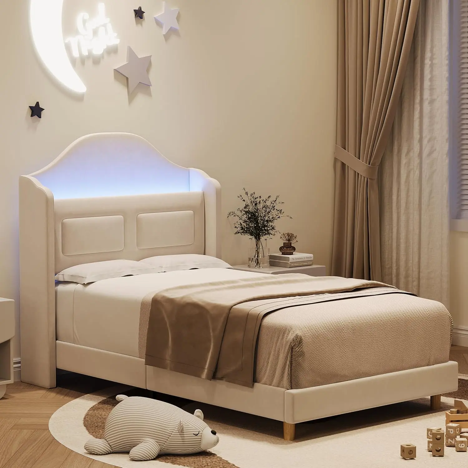Gaomon Twin Velvet Wingback Upholstered Bed - Soft Velvety Fabric, Beige LED Bedframe, Modern Throne Headboard with Secret Storage, 10-Min Assembly, Silent Wood Slats, No Box Spring Needed, Single Size