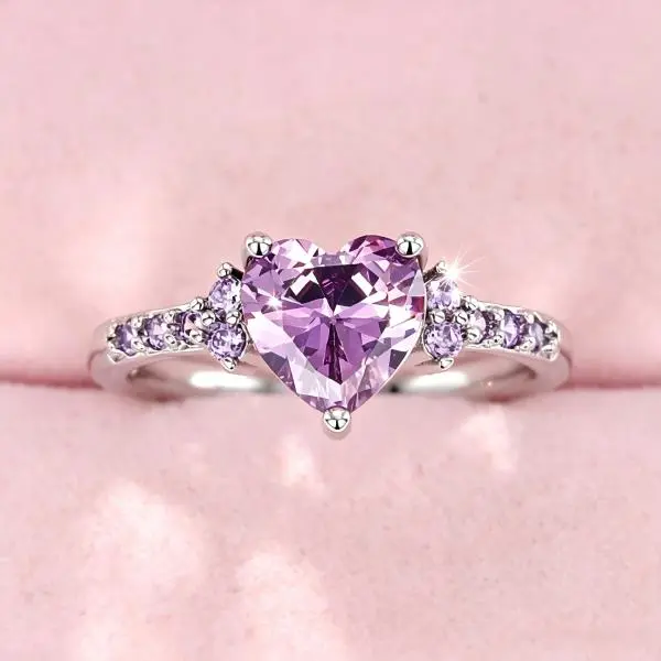 Heart Shape Ring for Women, Elegant Copper Promise Wedding Band with Purple Cubic Zirconia and Sparkling Side Crystals