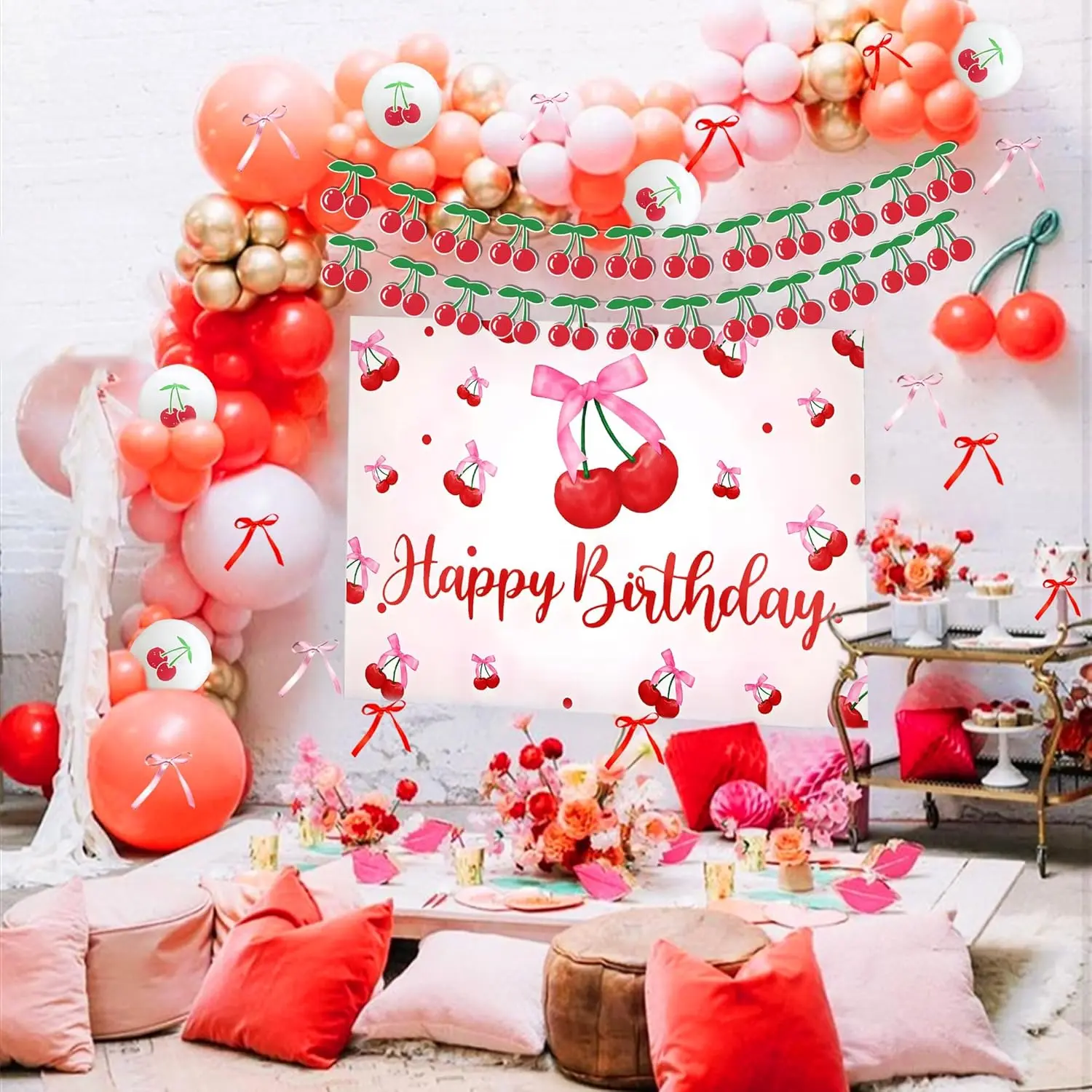 Cherry Backdrop Happy Birthday Party Decorations for Girl She's The Cherry on Top Banner Balloons Cherry Fruit Birthday Bachelorette Party Decor Set Ornaments