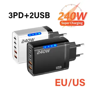 240W GaN 5 in 1 Fast Charging Phone  USB C  Power Adapter Type C EU/US Plug Wall  For iPhone Samsung Xiaomi travel emergency dual magnet aluminum data cable output charge 4-in-1 multi charger pad holder stand sync with extendable tripod desk long
