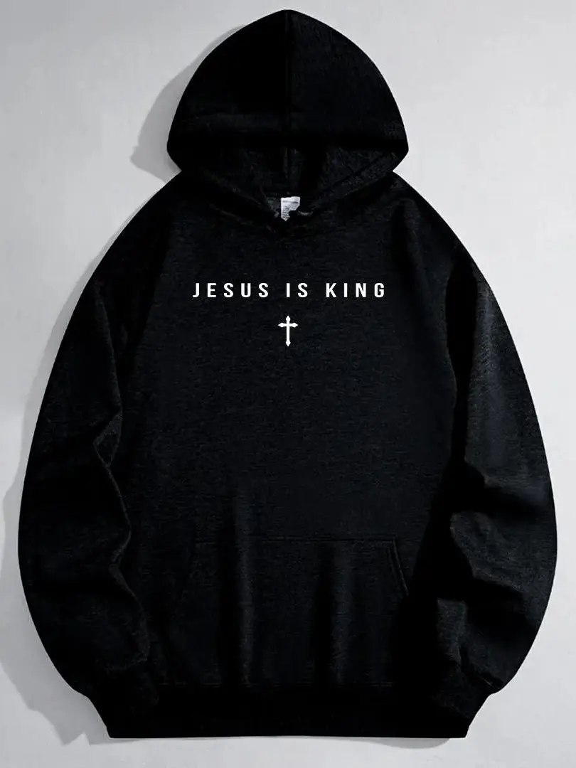 Men's Jesus Is King Graphic Hoodie, Casual Cotton Blend Streetwear Pullover, Soft Long Sleeve for Everyday Devotion, Wear Your Belief, Graphic Hoodies, Christian Style, Crew Neck, Minimally Styled, Regular Fit, Breathable, Cross Graphic Crewneck Menswear