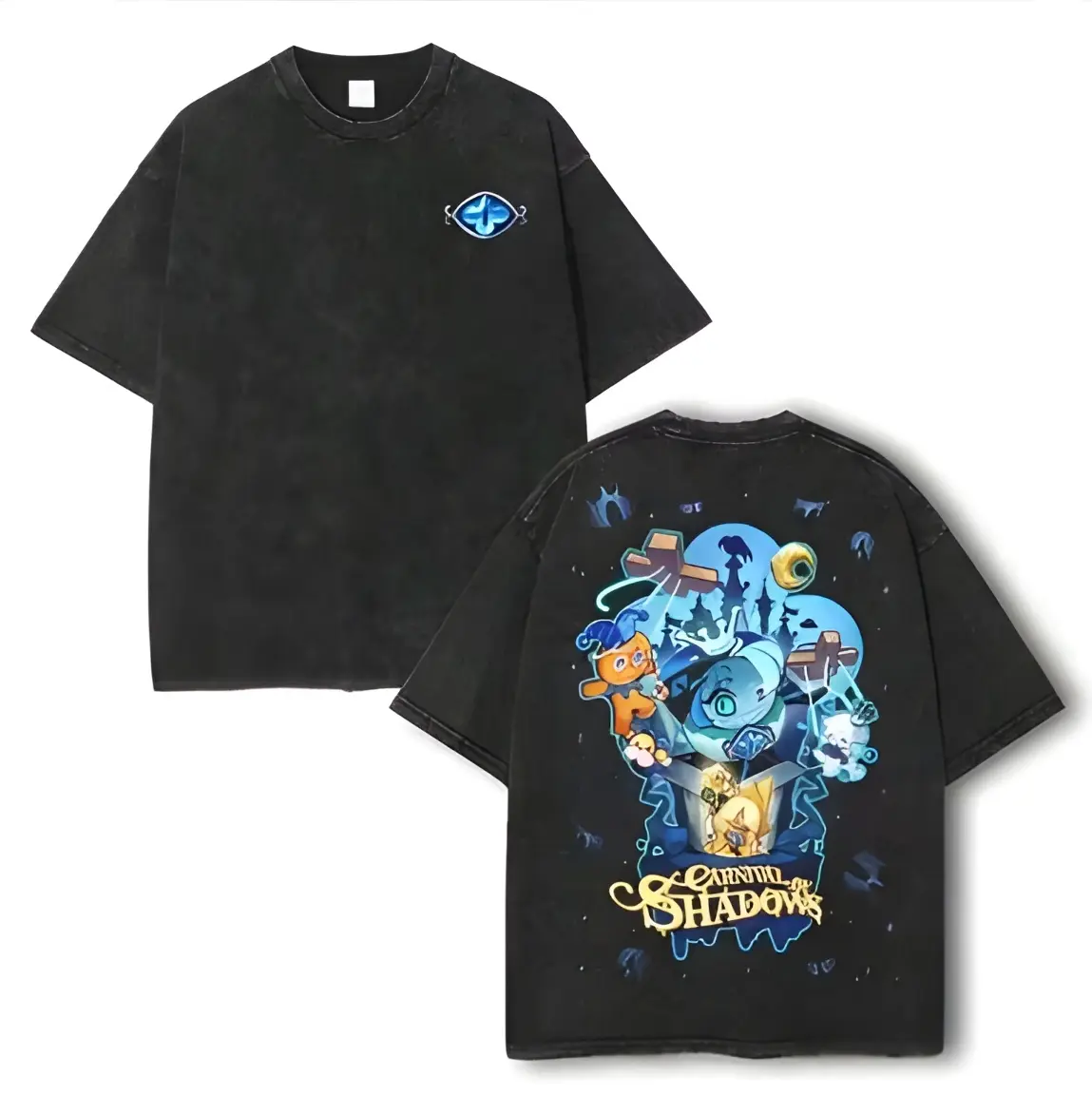 Washed Double Sided Carnival Of Shadows Game Character Graphic T Shirt Unisex Heavy Cotton Streetwear Tee Retro Fantasy Cartoon Print Casual Daily Loose Fit Summer Outfit Mens Womens Video Game Fan Gift gothic top