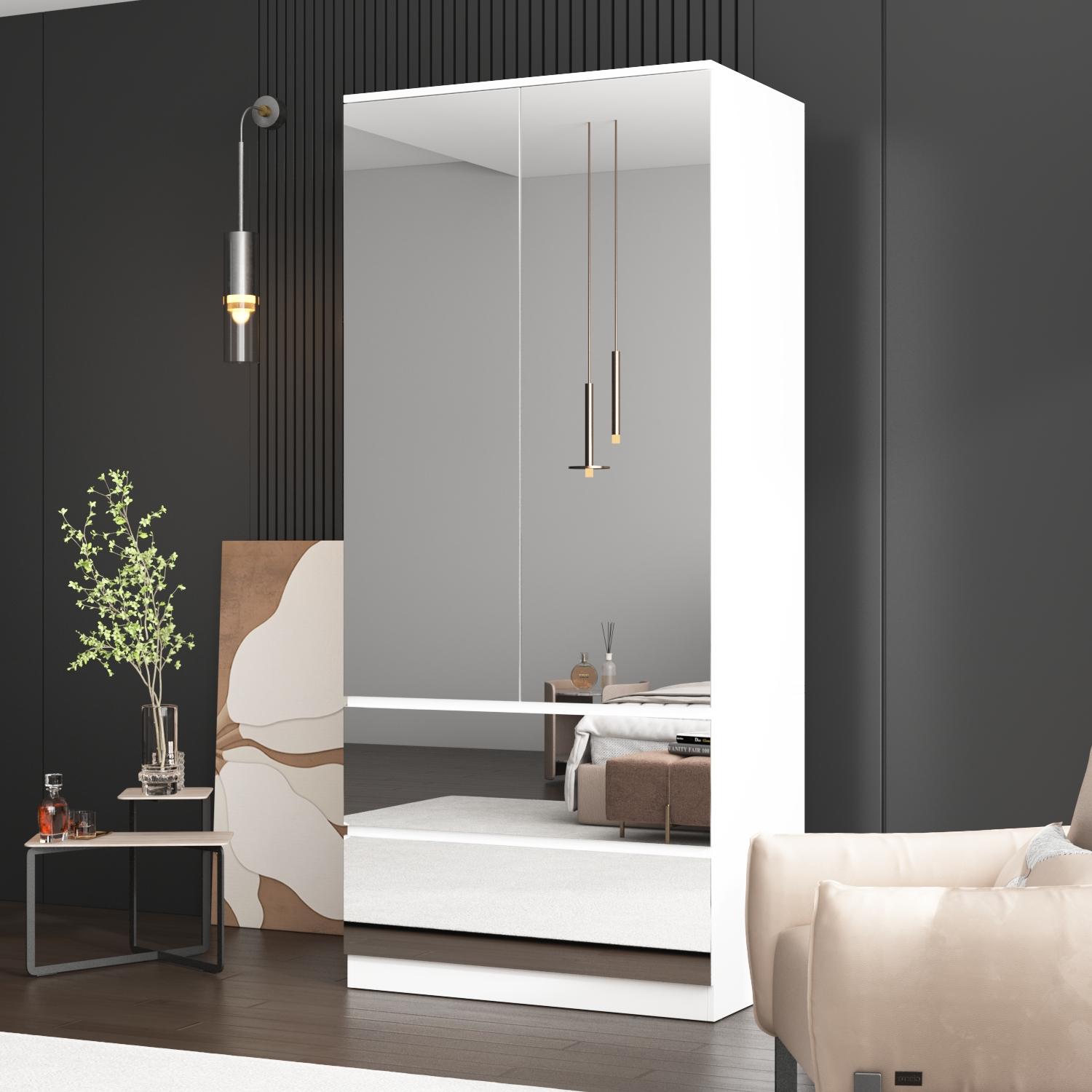 FUFU&GAGA 3 Types Mirror Wardrobe Armoire with Drawers, Full Length Glass Mirrors, 2 Smooth Sliding Drawers & Hanging Rod for Bedroom Storage FUFU&GAGA 3 Types Mirror Wardrobe Armoire with Drawers, Full Length Glass Mirrors, 2 Smooth Sliding Drawers & Hanging Rod for Bedroom Storage