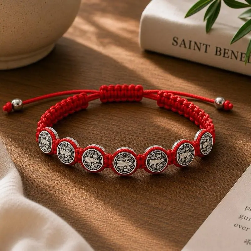 Artisanal Catholic Religious Fashionable Bracelet - San Benito Medal, Braided Rosary, Coin, Cross Beads, Classic Prayer Jewelry Accessory for Friendship Gifting Cross Charm Bangle Cross Design Bangle