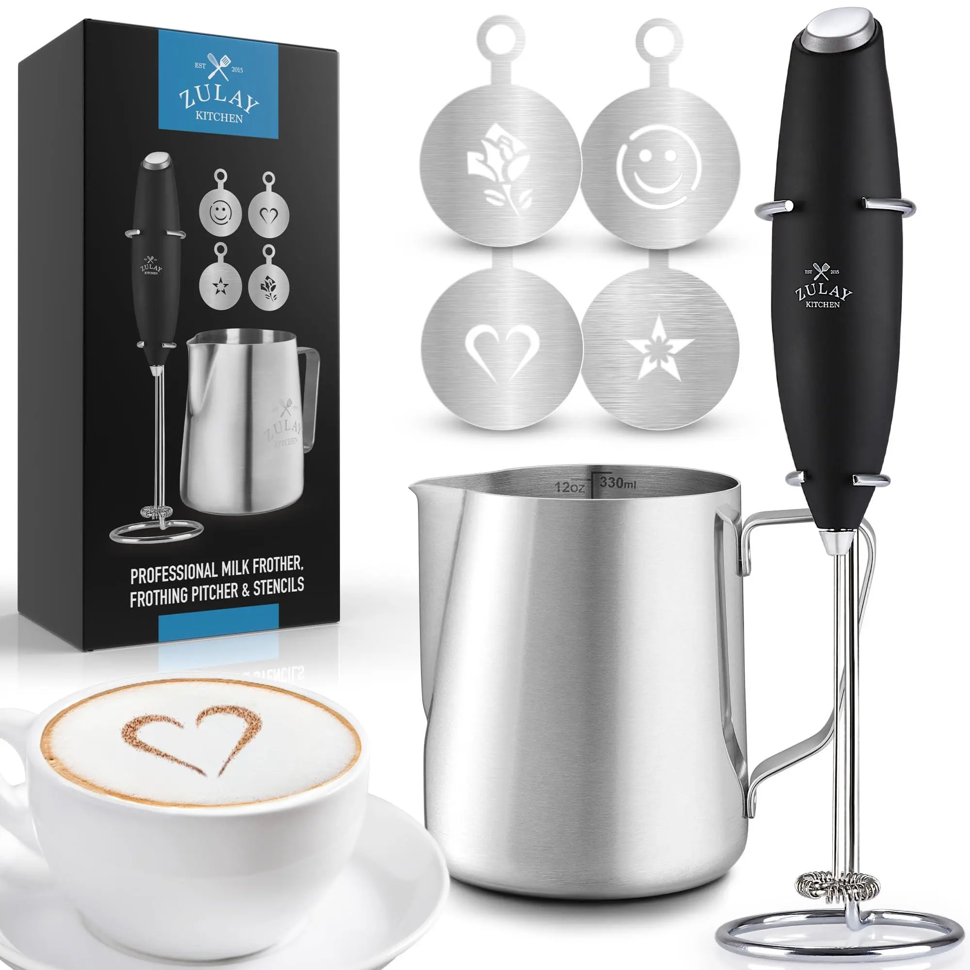 Zulay Premium Gift Milk Frother Set – Handheld Coffee Frother with Stand, 12oz/350ml Frothing Pitcher + 4 Latte Art Stencils – 13,000 RPM Motor, SS Whisk, Battery Operated – Barista Kit (Black)