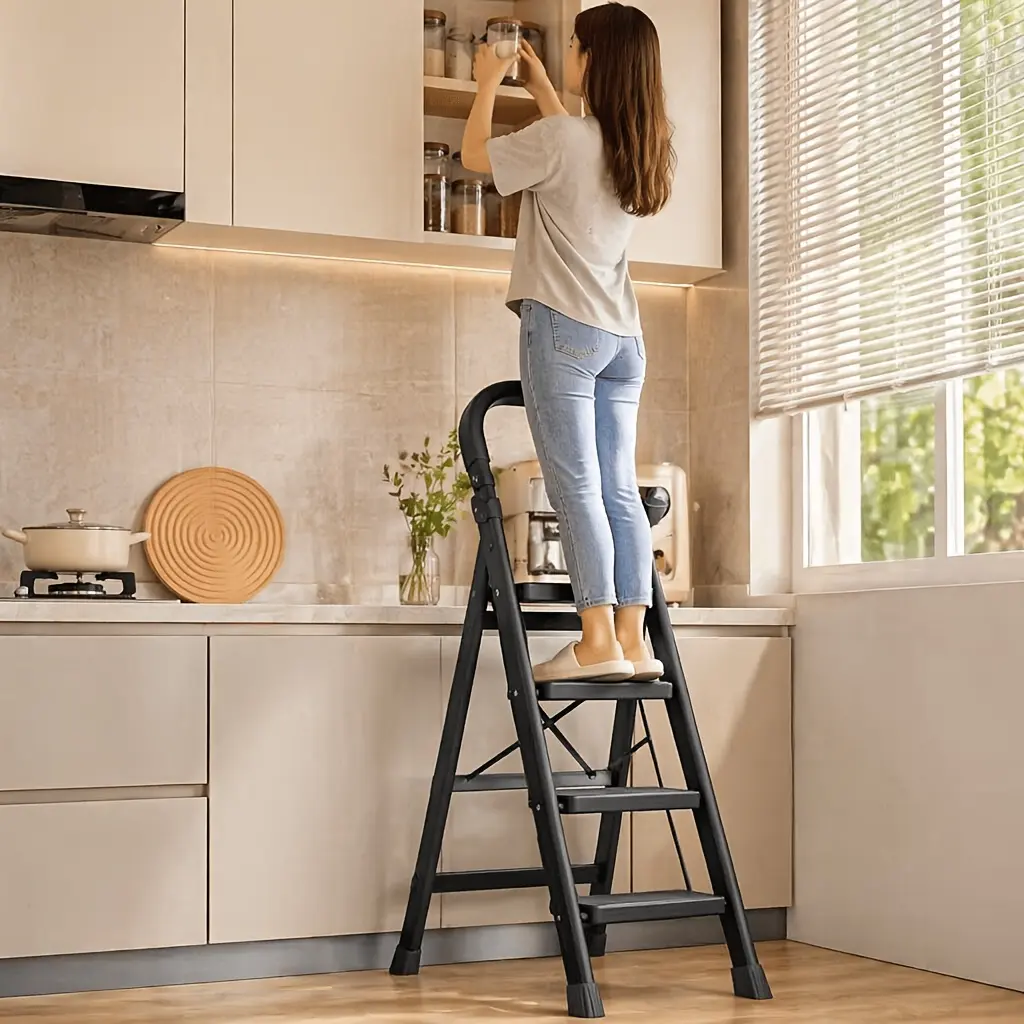 1pc Heavy-Duty 4 -Step Portable Folding Ladder, 500 Lbs Load Capacity, Durable Plastic Material with Non-Slip Steps, Lightweight and Portable, Suitable for Home and Industrial Use Color: Four Steps Black