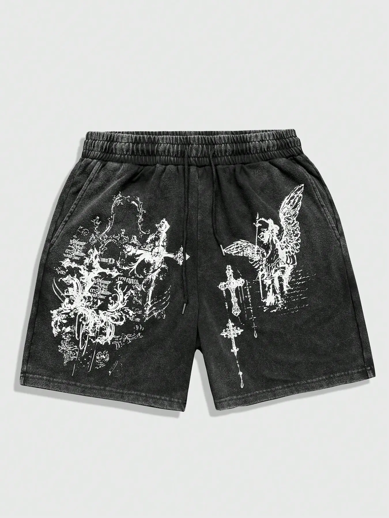 Unisex Washed Vintage Angel Cross Thorn Graphic Print Shorts, Gothic High Street Loose Drawstring Five-Quarter Pants, Summer Streetwear Couple Matching Shorts Men