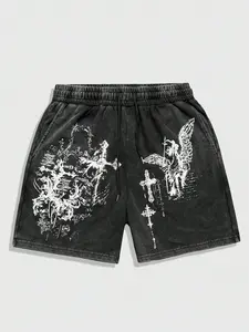 Unisex Washed Angel Cross Thorn Print Shorts, Gothic High Street Loose Drawstring Five-Quarter Pants, Summer Streetwear Couple