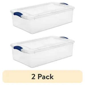 (2 pack) 32 quart clear plastic storage bin with latch lid, blue latch