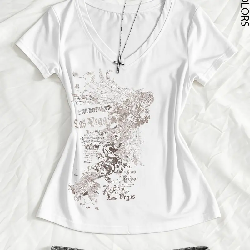 Women's Summer V-Neck Fitted T-Shirt, Basic Casual Fashion Tee, Vintage Cross Flower Punk Subculture Streetwear Anime Print, Short Sleeve V-Neck Design, Casual Slim Fit, Lady Womenswear, Casual T Shirts