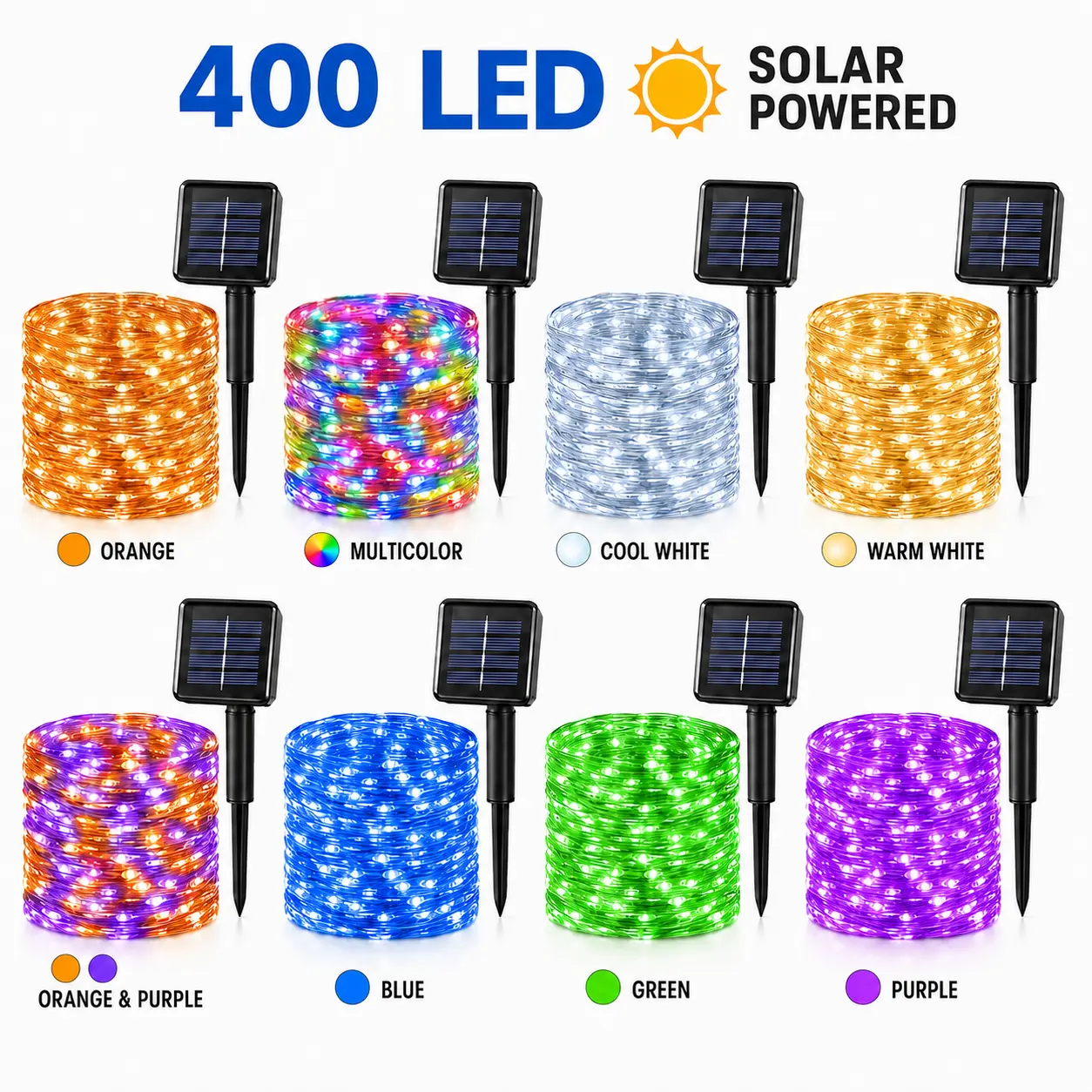 2-Pack Solar-Powered Copper Wire String Lights, 2×72 Feet (400 LEDs), 8 Modes, Perfect for Outdoor Gardens, Parties, Weddings, Courtyards, Halloween, Christmas Decorations, Camping Essentials Fairy String Lights Led Strips Vibrant Display