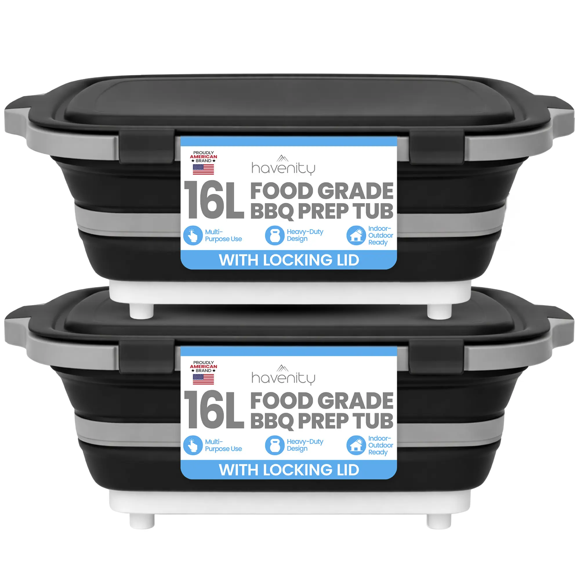 Havenity 2-Pack 16L Collapsible BBQ Prep Tubs - Food-Grade Camping Gear with Lids, Cutting Boards, Resealable Containers for Grilling, Outdoor Cooking summerwins